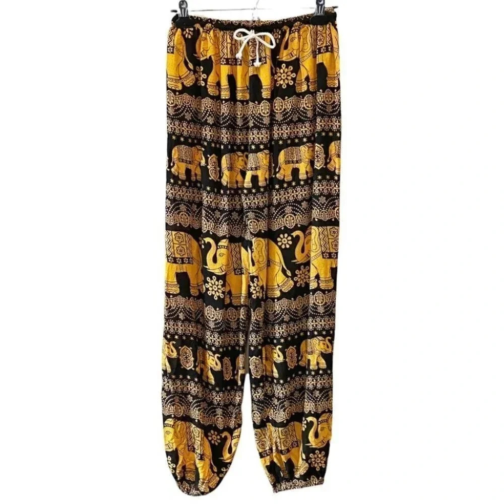 Black Gold Balloon Pants Flowy Draped Harem Joggers Elephant Print Size XS/S - Picture 2 of 15